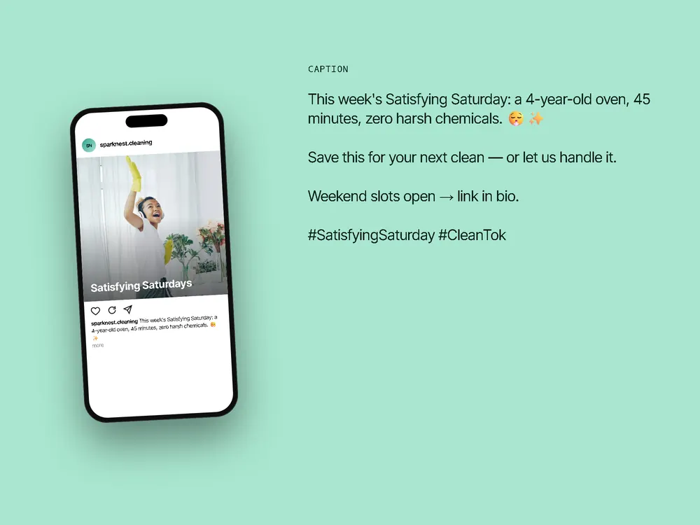 Feed post mockup for @sparknest.cleaning with the caption: This week's Satisfying Saturday: a 4-year-old oven, 45 minutes, zero harsh chemicals. 😮‍💨✨ Save this for your next clean — or let us handle it. Weekend slots open → link in bio. #SatisfyingSaturday #CleanTok