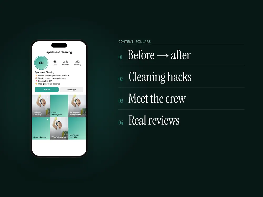 Instagram profile mockup for @sparknest.cleaning with bio "✨ Homes so clean you'll want to film it / 🏠 Weekly · deep · move-out cleans / 📍 Serving the GTA / 👇 Free quote in 60 seconds" and content pillars: Before → after, Cleaning hacks, Meet the crew, Real reviews